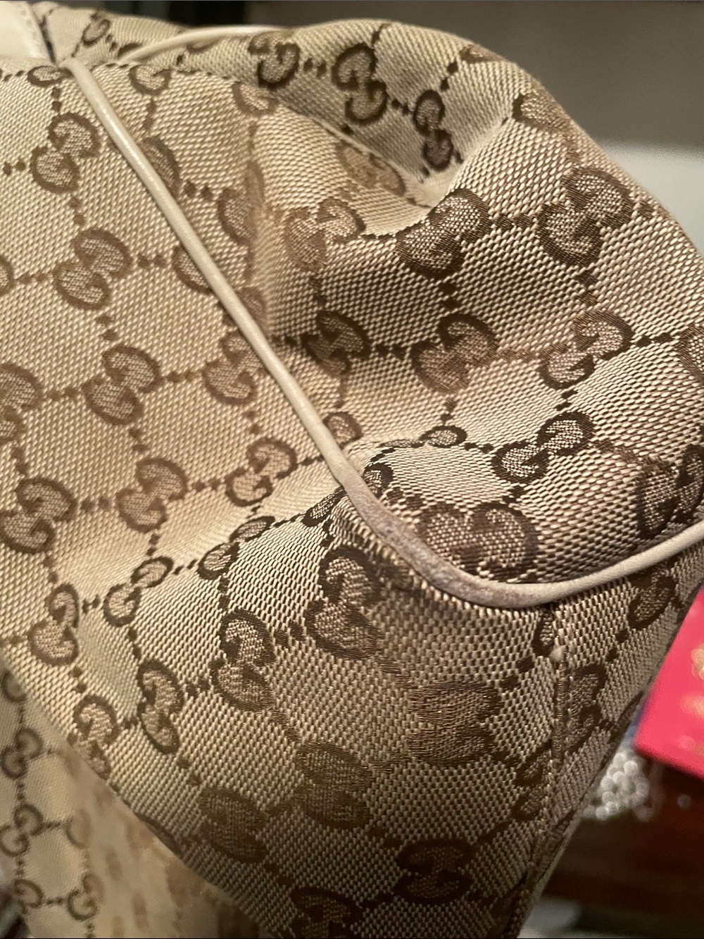 Gucci “Sukey” Beige GG Canvas Tote with Cream Trim and Gold Ring - Picture 13 of 15